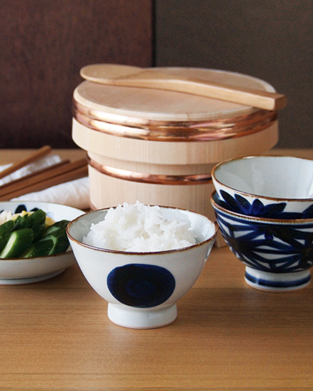 Blue & White Hand-Painted Japanese Rice Bowl - Hasami Ware top